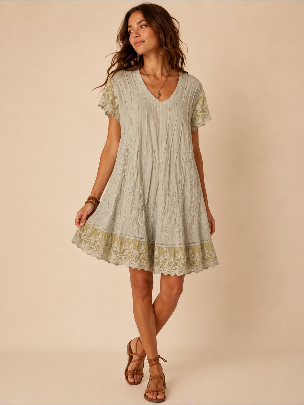 Gretty Zueger Sage Lace Embroidered Boho Lagenlook Dress